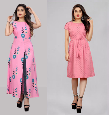 tanvi creation Women Fit and Flare Pink Below Knee Dress