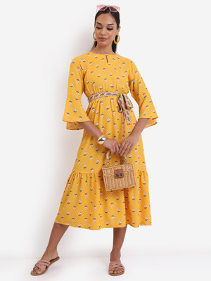 VISHUDH NEW Women Fit and Flare Yellow, White, Green Midi/Calf Length Dress