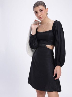 Glitchez Women A-line Black Above Knee/Mid Thigh Length Dress