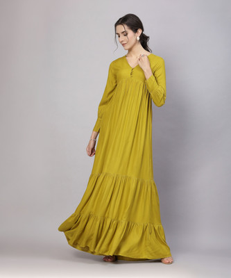 AAYU Women Layered Light Green Maxi/Full Length Dress