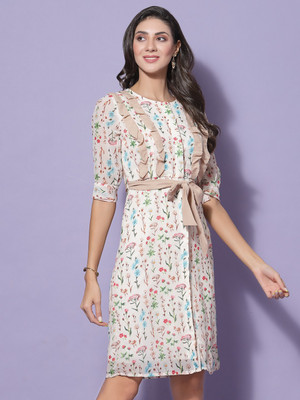 KASSUALLY Women A-line Beige Above Knee/Mid Thigh Length Dress
