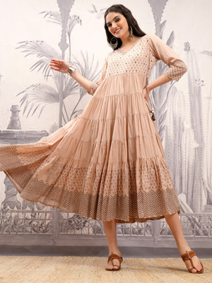 Vishudh Women A-line Brown Maxi/Full Length Dress