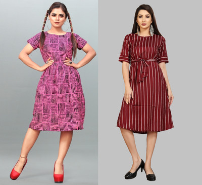 tanvi creation Women Fit and Flare Pink, Maroon Knee Length Dress