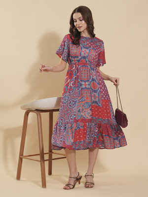 all about you Women Fit and Flare Multicolor Midi/Calf Length Dress