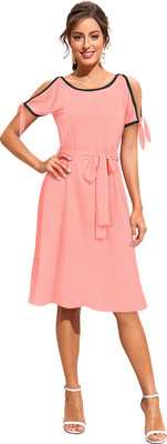 Shoponbit Women Fit and Flare Pink Knee Length Dress