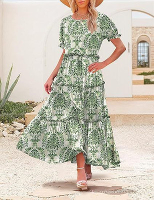 OUTZIDR Women A-line Green, White Below Knee Dress