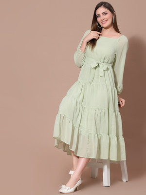 Strong and Brave Women Fit and Flare Green Midi/Calf Length Dress