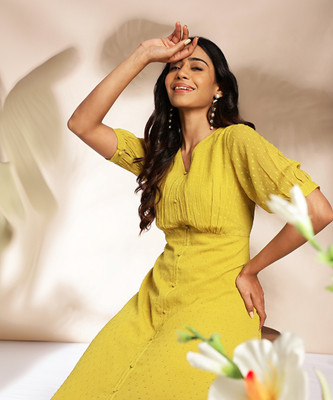 Janasya Women A-line Yellow Midi/Calf Length Dress