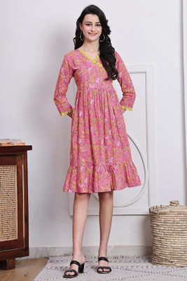 Wonder Weaves Women A-line Pink, Yellow Knee Length Dress