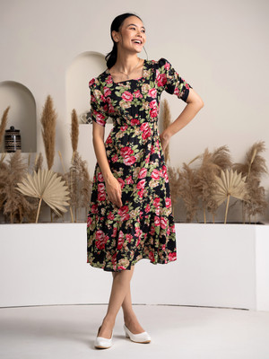 Dressberry Women Fit and Flare Black Below Knee Dress