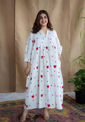 Alluring Women Fit and Flare White, Red Midi/Calf Length Dress