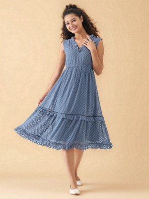 AASK Women Fit and Flare Blue Midi/Calf Length Dress