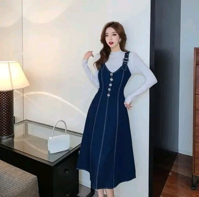 O Madam Women Fit and Flare Blue Midi/Calf Length Dress