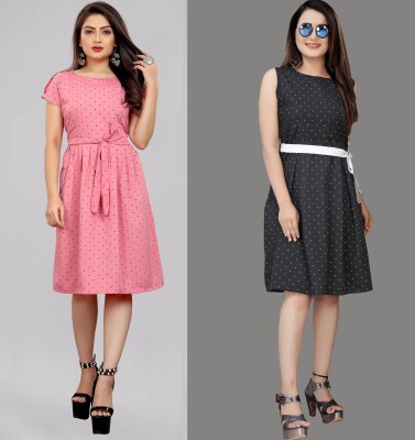 tanvi creation Women Fit and Flare Dark Blue, Pink, White Dress