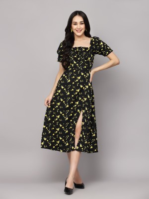 AAYU Women A-line Black, Yellow Dress