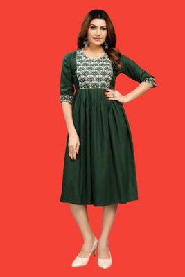 DICHIKA Fashion Women Fit and Flare Dark Green Midi/Calf Length Dress