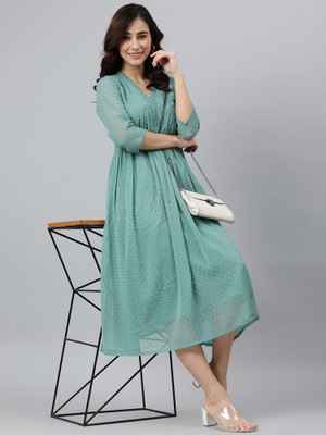 Janasya Women A-line Green Midi/Calf Length Dress