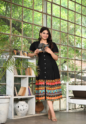 sadhnazon Women Fit and Flare Black Midi/Calf Length Dress