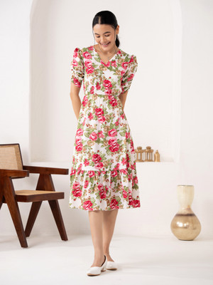AASK Women Fit and Flare White Below Knee Dress