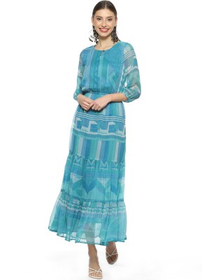 BIBA Women Ethnic Dress Blue, Light Green, Grey Dress