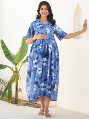 Janasya Women Gathered Blue Maxi/Full Length Dress