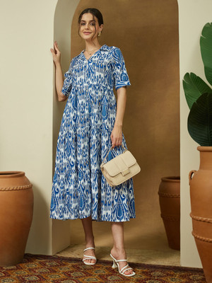 Janasya Women A-line Blue Midi/Calf Length Dress