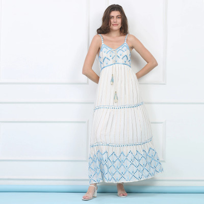 Majestic By Baani Women Maxi Blue, White Full Length Dress