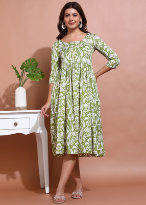 DEHITAFASHION Women Fit and Flare Green Midi/Calf Length Dress