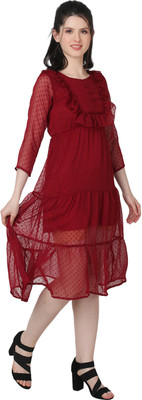 LUSH&LOOM LIFESTYLE Women Gathered Maroon Knee Length Dress
