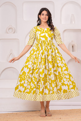 Shree Shyam Women Gown Yellow Maxi/Full Length Dress