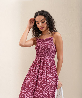 Tokyo Talkies Women Fit and Flare Maroon Midi/Calf Length Dress