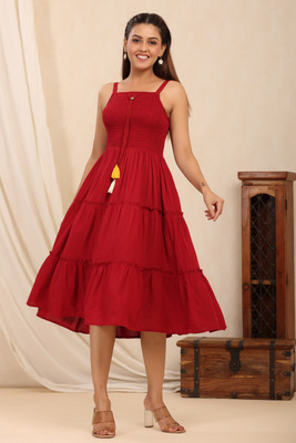 NG Fashion Women Fit and Flare Maroon Midi/Calf Length Dress