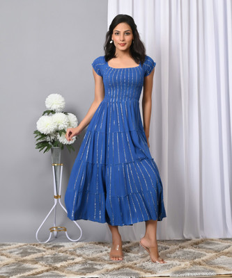 VYMO Women Fit and Flare Blue Midi/Calf Length Dress