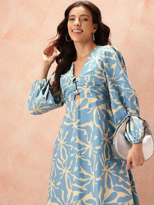 all about you Women A-line White, Blue Midi/Calf Length Dress