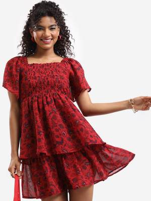 Tokyo Talkies Women Layered Red, Dark Blue Above Knee/Mid Thigh Length Dress