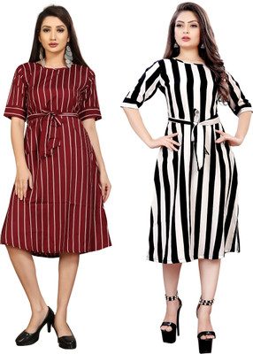 tanvi creation Women Fit and Flare Black, White, Maroon Knee Length Dress
