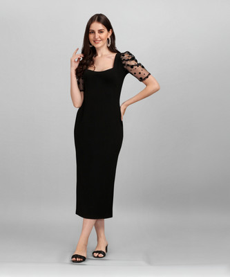 Selvia Women Bodycon Black Midi/Calf Length Dress
