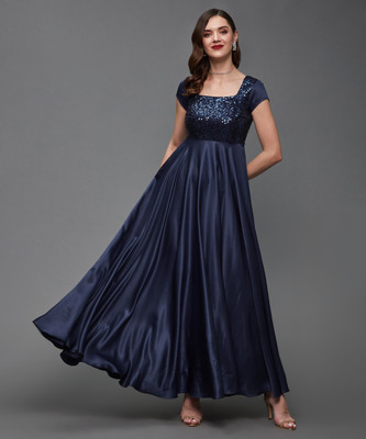 Miss Chase Women Fit and Flare Dark Blue Maxi/Full Length Dress