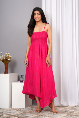 VYMO Women Fit and Flare Pink Maxi/Full Length Dress