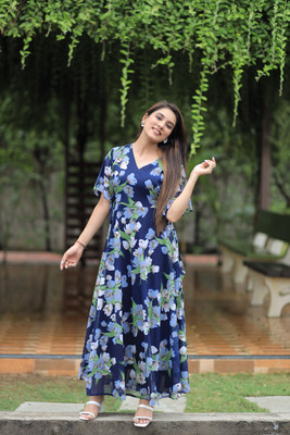 Fashion2wear Women Fit and Flare Blue Maxi/Full Length Dress