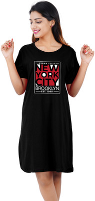 BEFLI Women T Shirt Black Above Knee/Mid Thigh Length Dress