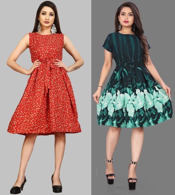 maruti fab Women Fit and Flare Green, Red Dress