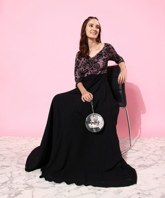 Miss Chase Women Fit and Flare Black, Pink Maxi/Full Length Dress