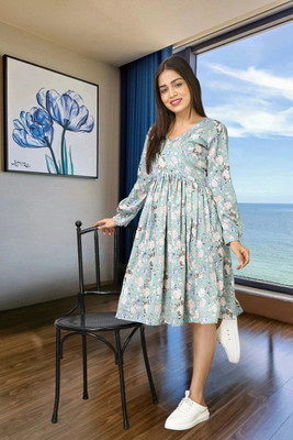 GIVAFAISHONS Women Fit and Flare Light Green Knee Length Dress