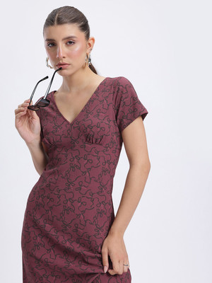 Glitchez Women A-line Maroon Knee Length Dress