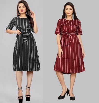 maruti fab Women Fit and Flare Black, Maroon Dress