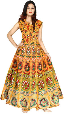 Parth Fashion Women Fit and Flare Yellow Maxi/Full Length Dress