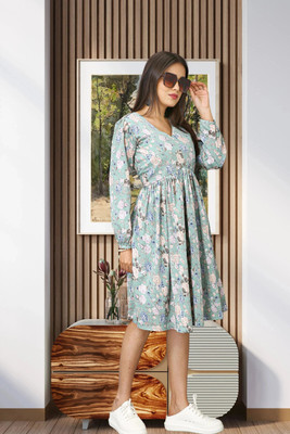 HOC's Women Fit and Flare Light Blue, Grey, Beige Below Knee Dress