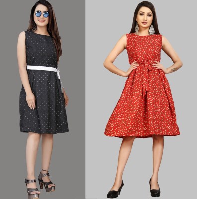 tanvi creation Women Fit and Flare Black, Red Dress