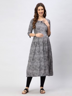 CEE 18 Women Geometric Print A-line Kurta(Grey)